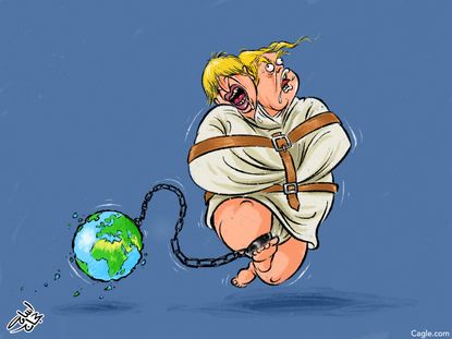 Political Cartoon Straight Jacket Boris Johnson Trump Chained