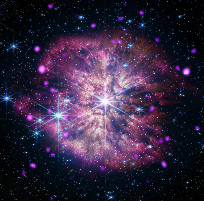 It looks like a bright pink explosion is happening in space, with a glowing area at the center of the explosion.