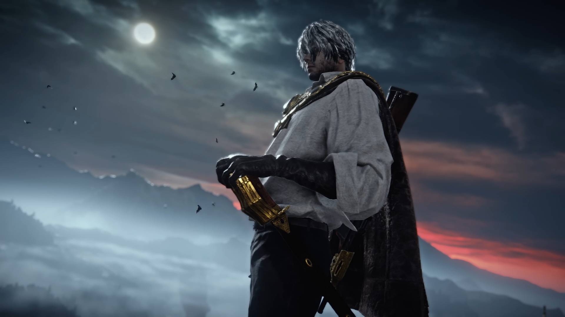 The Duskbloods Albert standing outside with his hand on this sword hilt