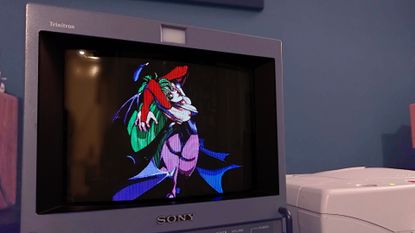 Close up of Sony Trinitron PVM CRT TV with Morrigan from Darkstalkers posing with arms up.