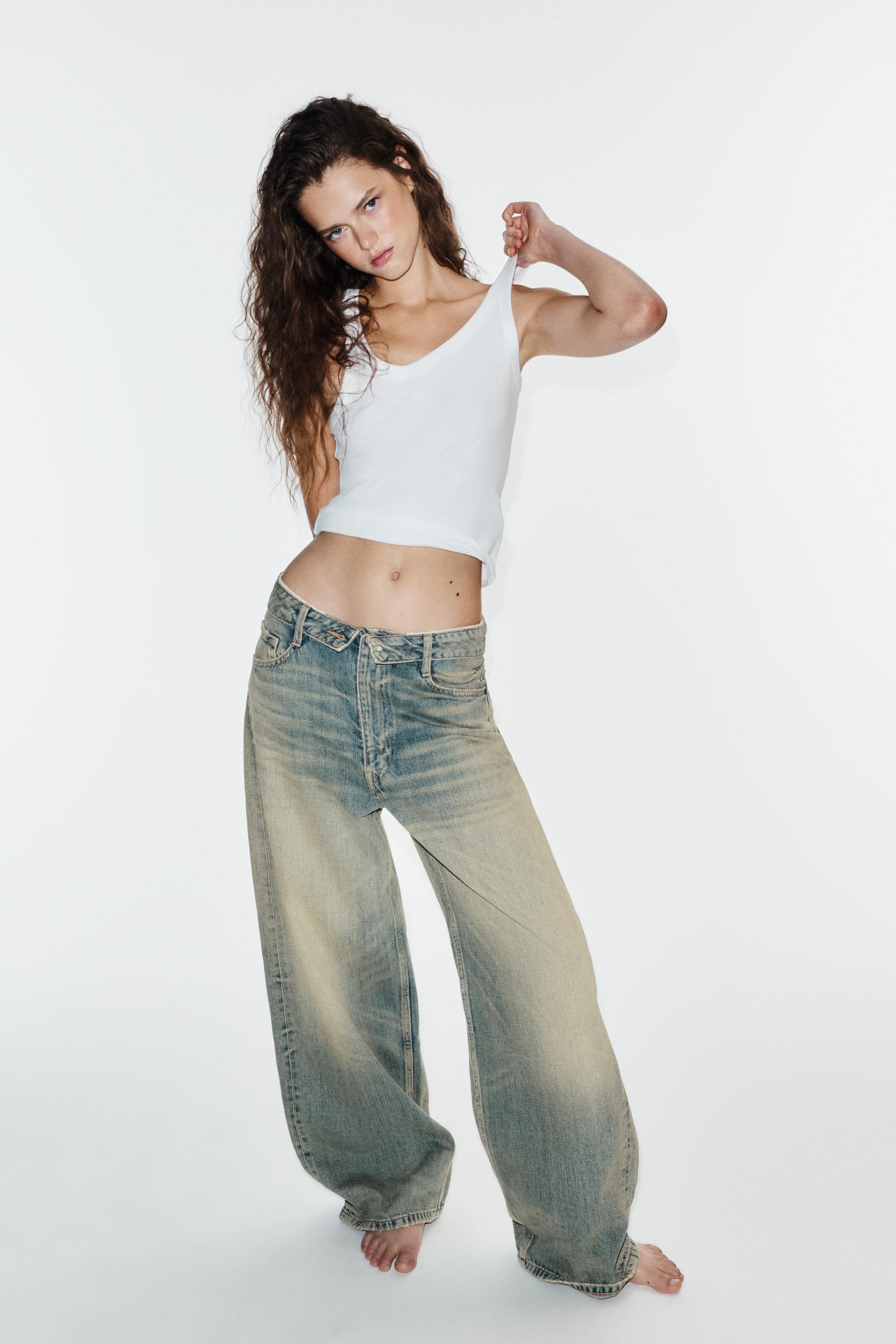 Trf Mid-Rise Ripped Folded Waist Jeans - Blue / Green - 4