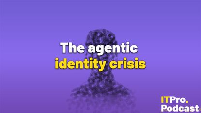 The text "The agentic identity crisis" against a silhouette of a person formed from question marks on a purple background. The words "identity crisis" are in yellow, the rest are in white. In the bottom-right corner, the ITPro Podcast logo is shown.