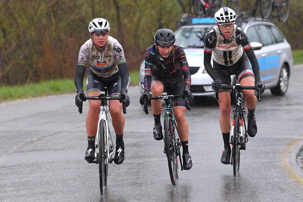 Chantal Blaak, Alena Amialiusik, and Ellen van Dijk in a break