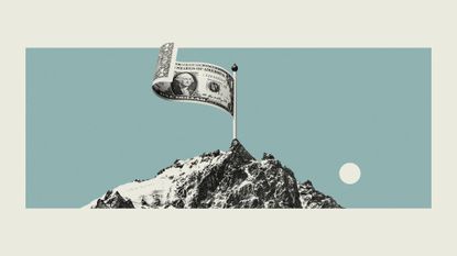 Illustration of a flagpole flying a dollar bill on top of a mountain peak
