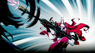 A Neon White screenshot showing an illustration of a masked woman with red hair firing a sniper rifle.