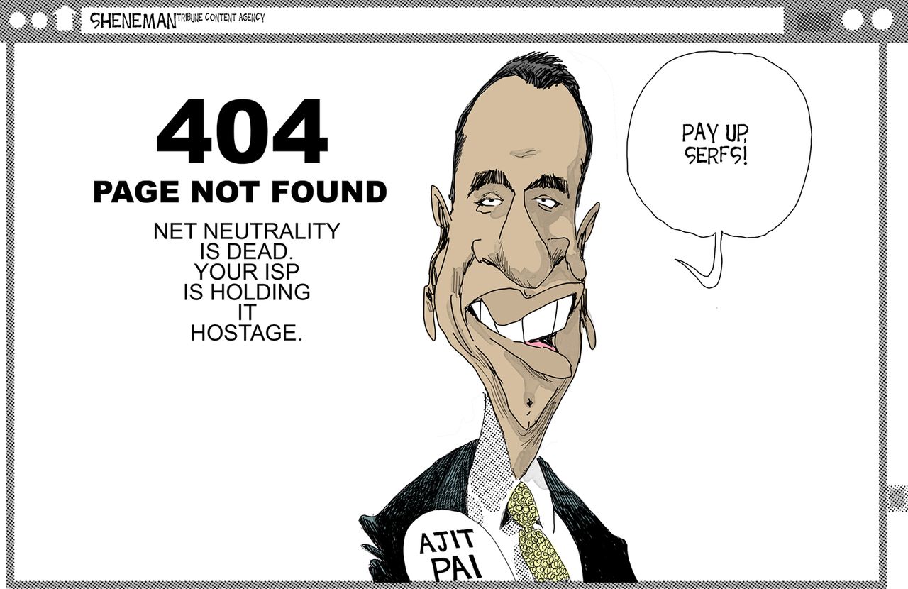 Political cartoon U.S. net neutrality FCC Ajit Pai