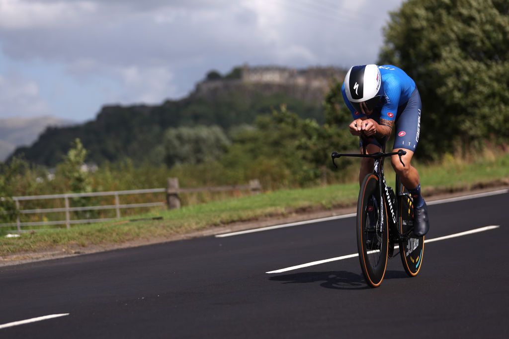 STIRLING SCOTLAND AUGUST 11 Mattia Cattaneo of Italy sprints during the Men Elite Individual Time Trial a 478km race from Stirling to Stirling at the 96th UCI Cycling World Championships Glasgow 2023 Day 9 UCIWT on August 11 2023 in Stirling Scotland Photo by Dean MouhtaropoulosGetty Images