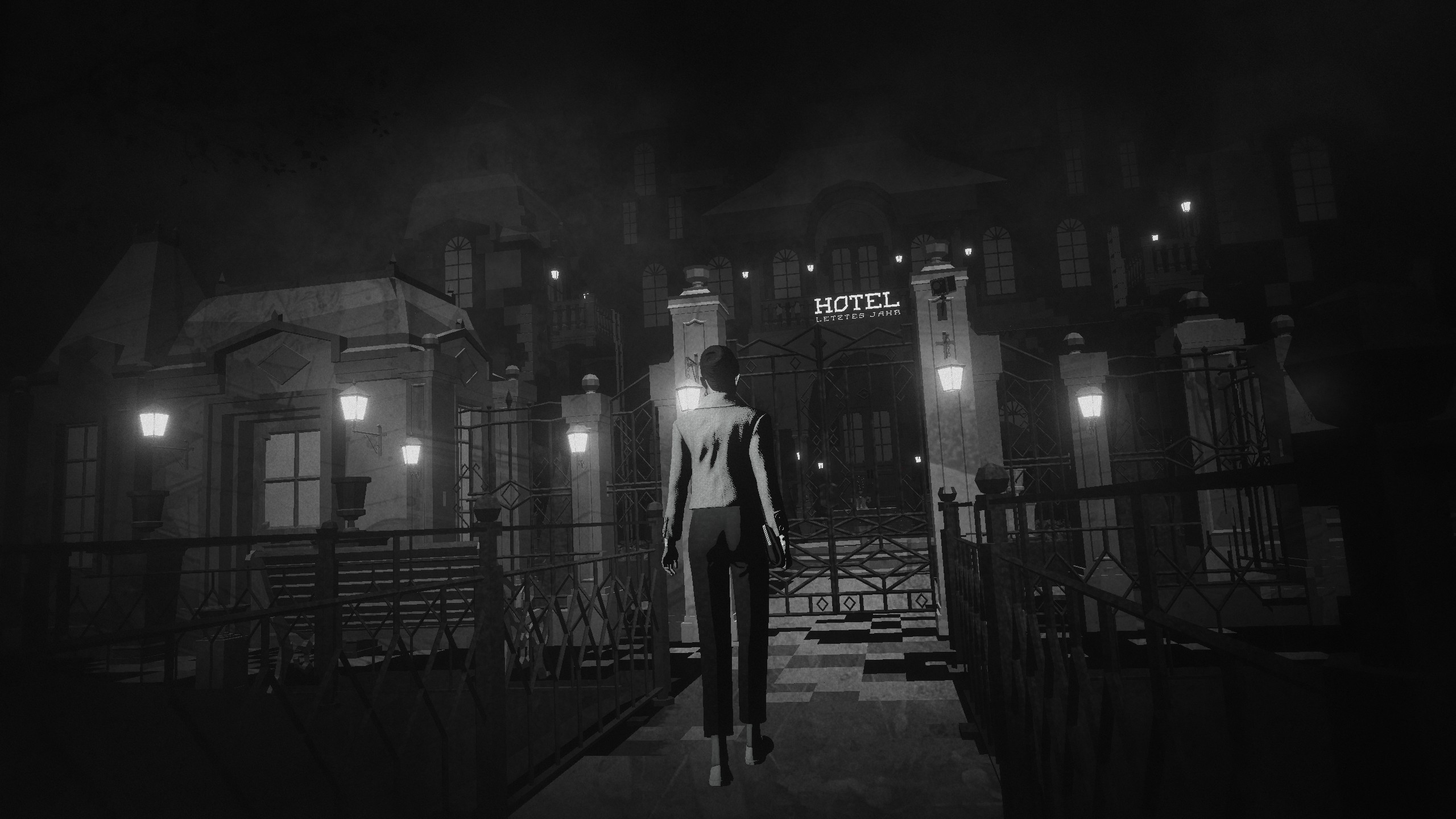 A woman approaches a foreboding hotel