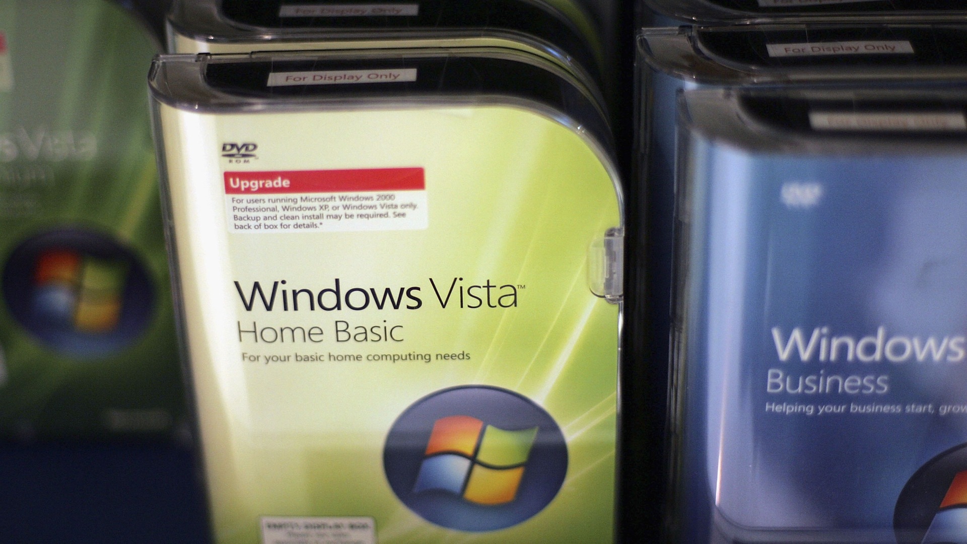 A display of Microsoft Windows Vista software is seen at a CompUSA store January 29, 2007 in San Francisco, California.
