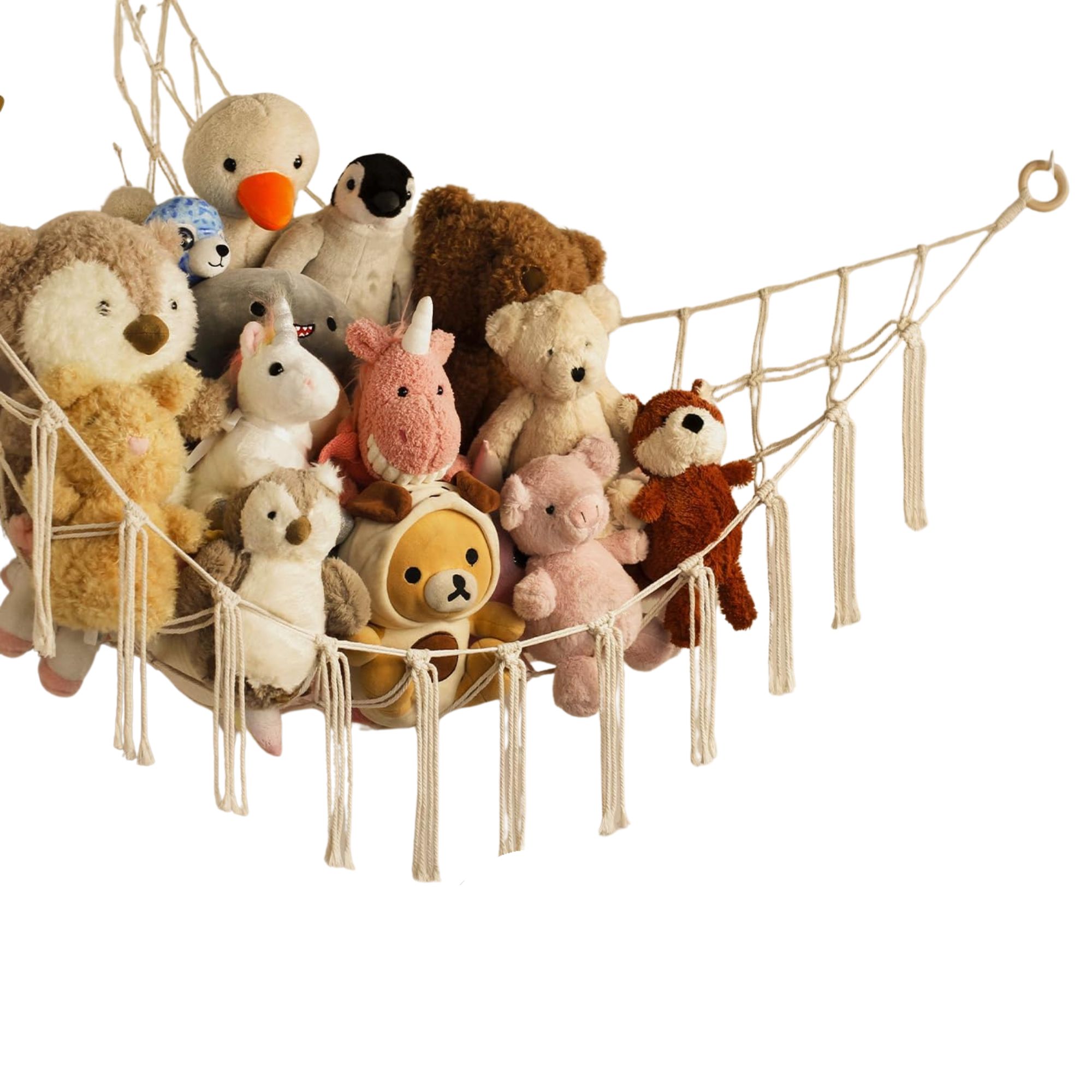 A toy storage hammock filled with stuffed animals