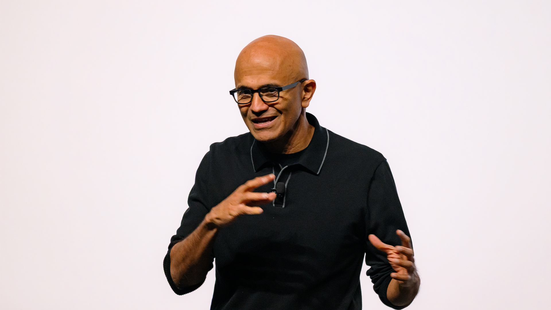Microsoft CEO Satya Nadella pictured speaking on stage at the Microsoft AI Tour at TikTok Entertainment Centre on April 23, 2026 in Sydney, Australia.
