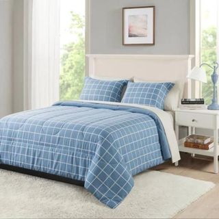 Mainstays Blue Check Comforter Set in a bedroom.