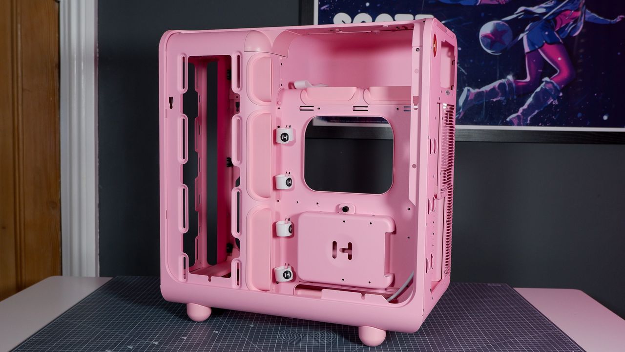 The Hyte X50 PC case on a desk ready to be built into for testing and review.