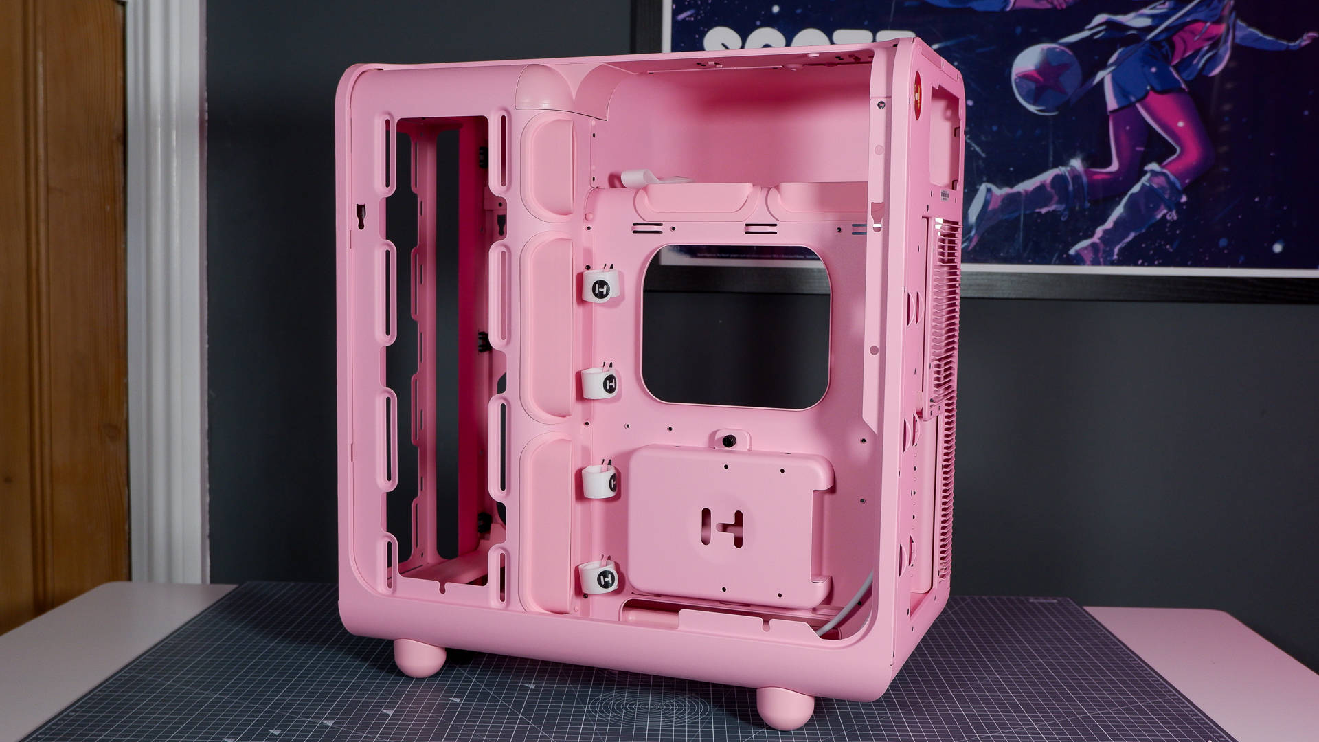 The Hyte X50 PC case on a desk ready to be built into for testing and review.