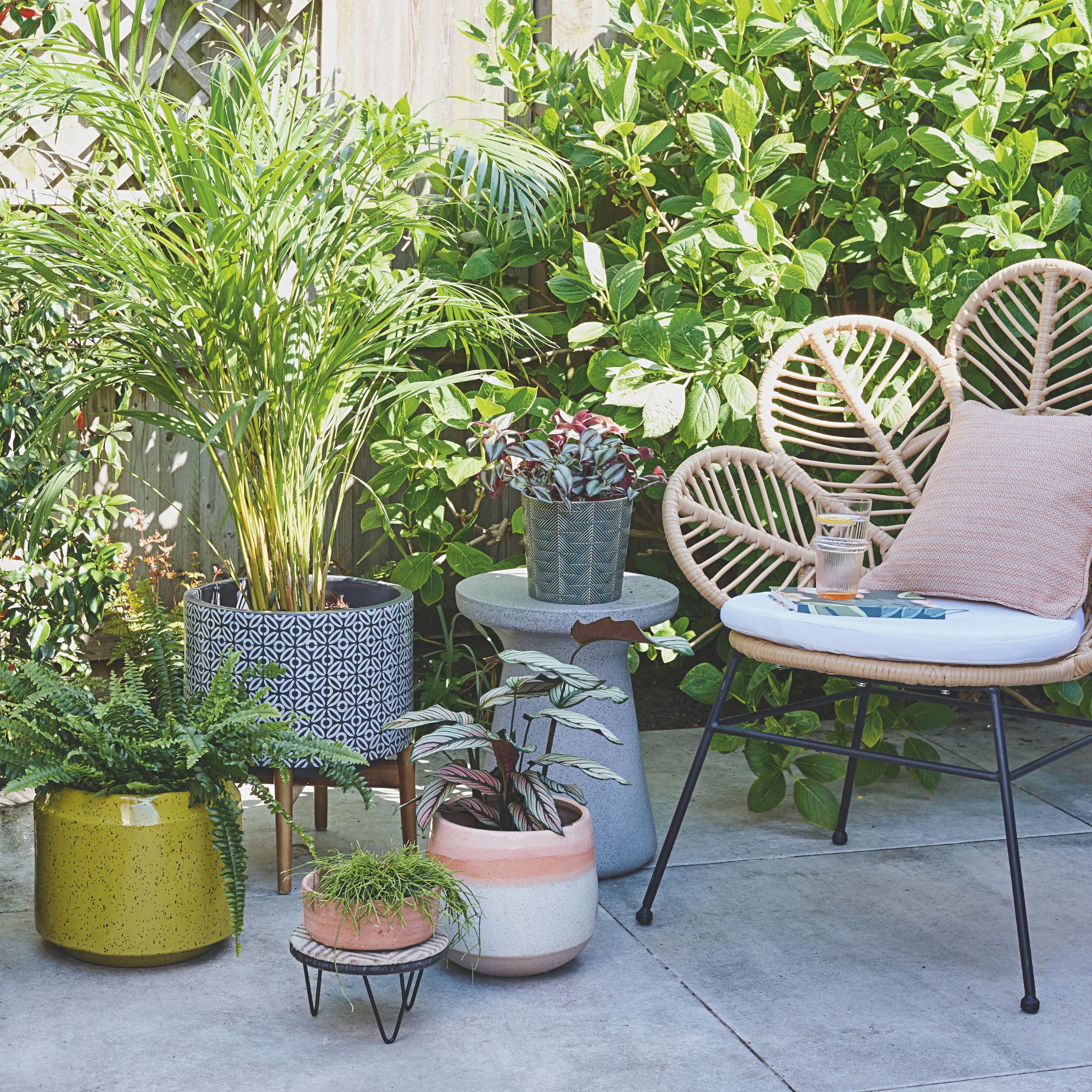 Patio are with a wicker chair next to potted plants