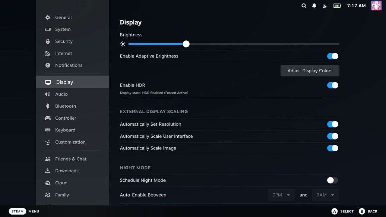 SteamOS settings menu with display tab in view