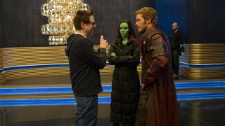 James Gunn with Zoe Saldana and Chris Pratt in Guardians of the Galaxy Vol. 2