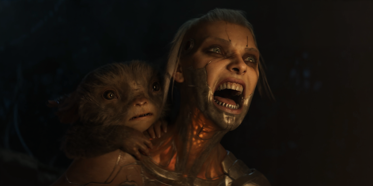 A weird alien creature on the back of a screaming bio-enhanced woman warrior