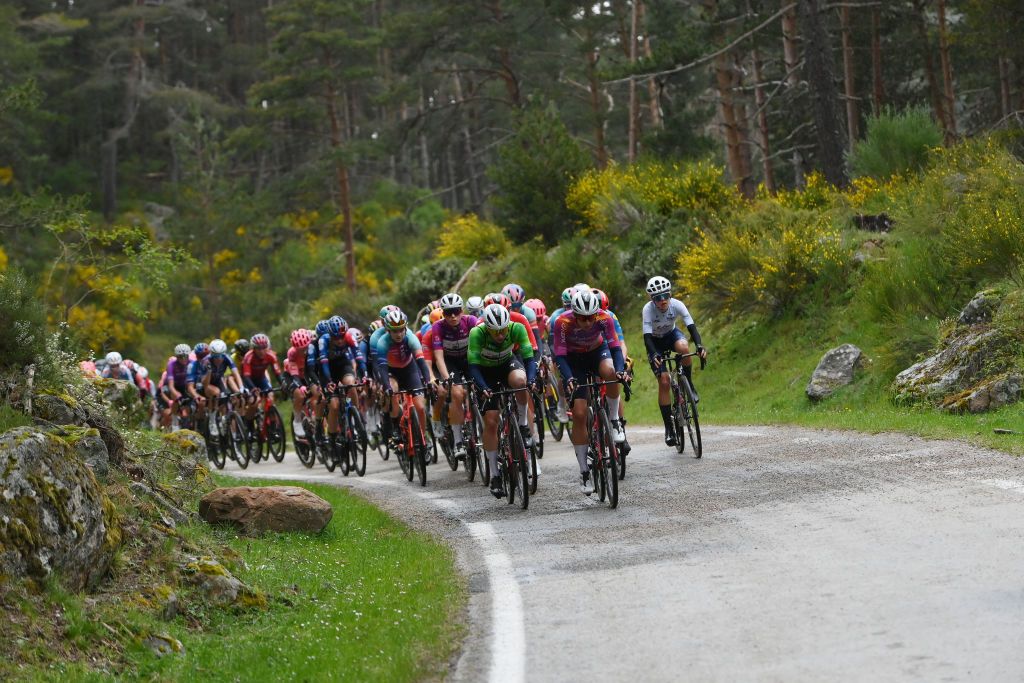 CANICOSA DE LA SIERRA SPAIN MAY 19 LR Lorena Wiebes of The Netherlands Green Points Jersey and Femke Gerritse of The Netherlands and Team SD Worx Protime lead the peloton during the 9th Vuelta a Burgos Feminas 2024 Stage 4 a 122km stage from Pearanda de Duero to Canicosa de la Sierra 1144m UCIWWT on May 19 2024 in Canicosa de la Sierra Spain Photo by Alex BroadwayGetty Images