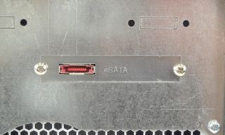 Close up of the eSATA port connecting the external computer to the RAIDFrame. The connection goes to the port multiplier sitting behind the port.