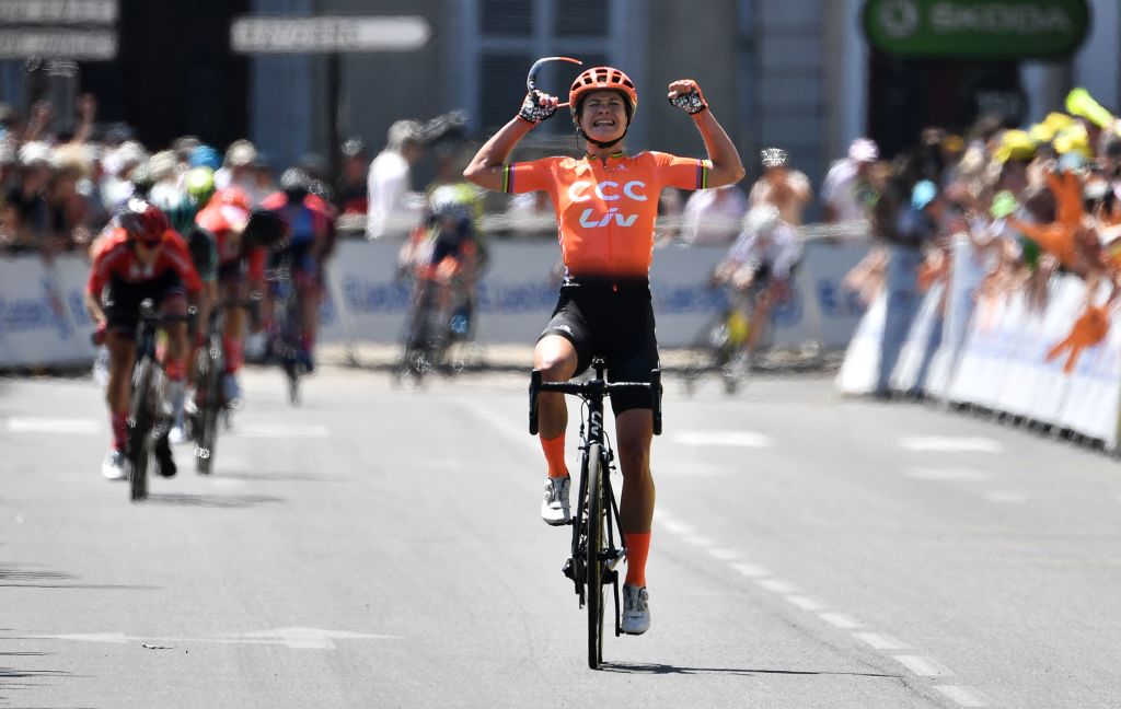 The Netherlands Marianne Vos C celebrates as she crosses the finish line of La Course by Le Tour as part of the 106th edition of the Tour de France cycling race in Pau on July 19 2019 Photo by JEFF PACHOUD AFP Photo credit should read JEFF PACHOUDAFP via Getty Images