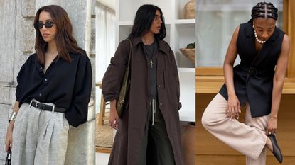 a collage of woman&#039;s outfits showing the best summer-to-fall transition items