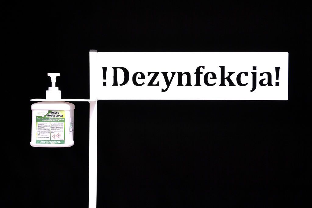 Covid-19 safety measures begin with hand sanitizer at Tour de Pologne.