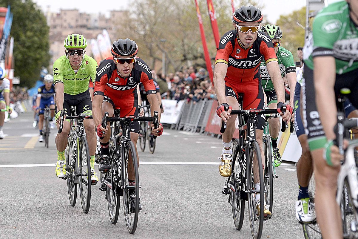 Rigoberto Uran (Cannondale) behind Richie Porte and Samuel Sanchez (BMC)