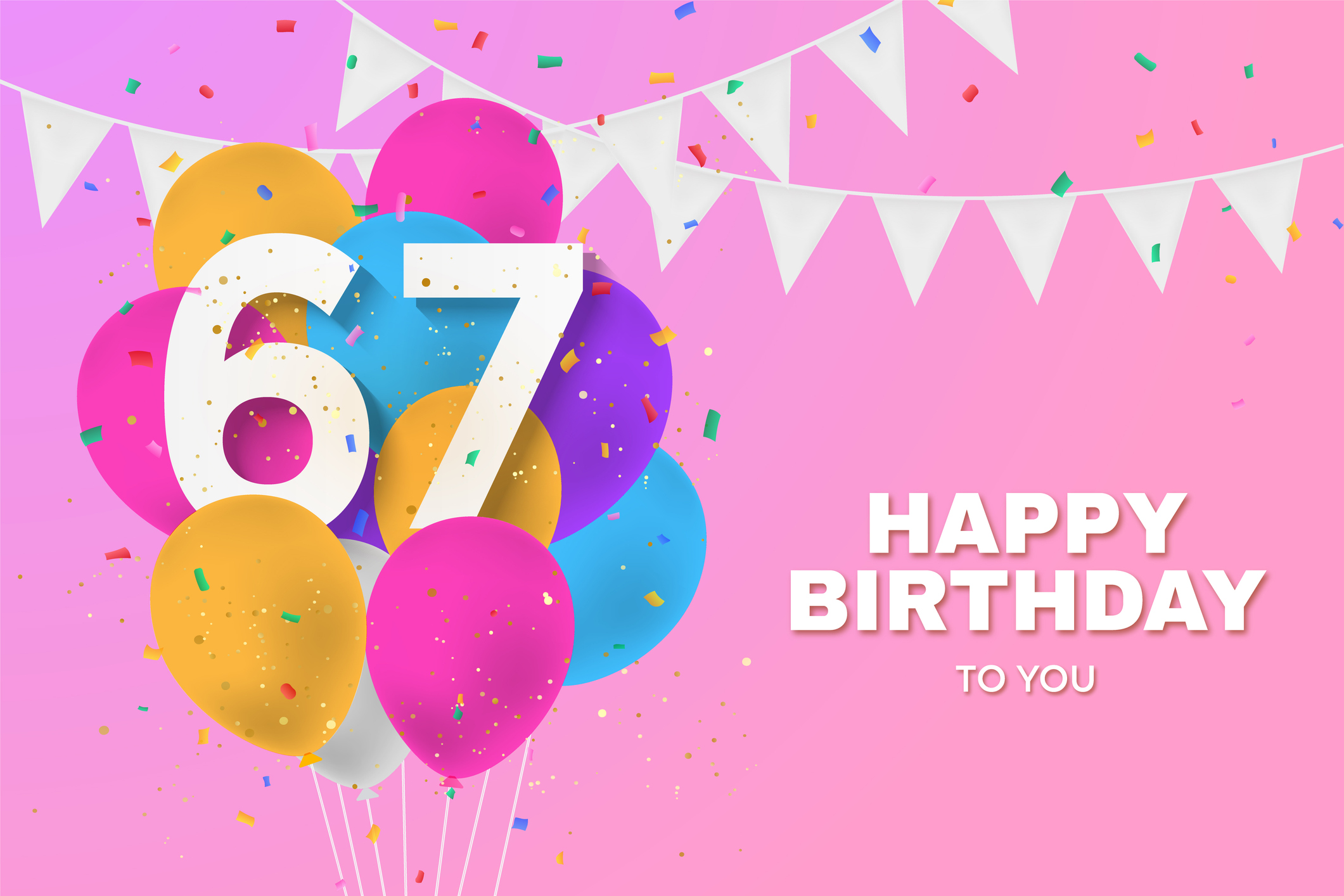 Happy 67th birthday balloons greeting card background. 67 years anniversary. 67th celebrating with confetti. Illustration stock