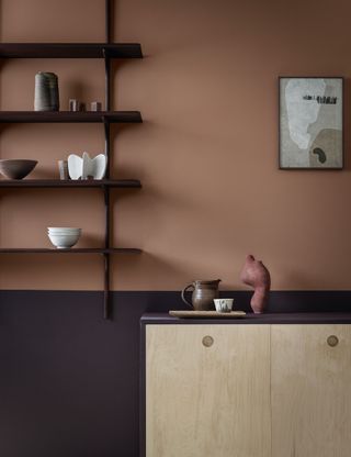 Color of the month caramel kitchen with wood shelves