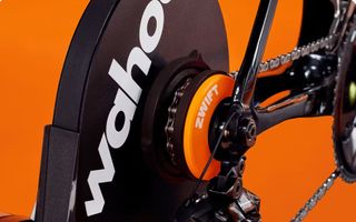 Close up details of the Wahoo Kickr Core 2 with Zwift Cog