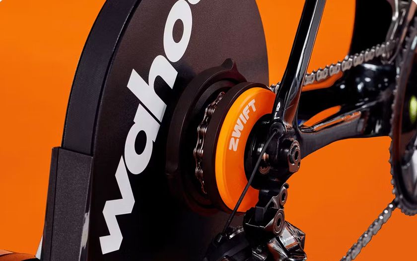 Close up details of the Wahoo Kickr Core 2 with Zwift Cog