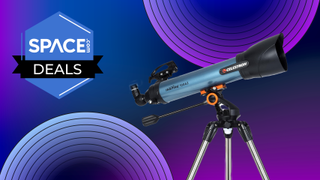 A Celestron Inspire 100Az telescope, viewed from the side with the Space.com deals logo and purple backdrop