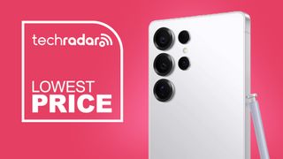 The Samsung Galaxy S25 Ultra on a pink background