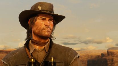 A screenshot from a Red Dead Redemption 2 mod that shows John Marston looking out over Nuevo Para&iacute;so