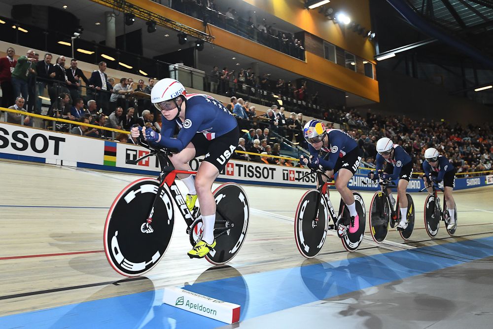 USA's team members compete in the women's pursuit final during the UCI Track Cycling World Championships