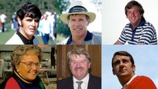 Headshots of golfing figures who died in 2025. Clockwise from top left: Mike Hill, Jay Sigel, Fuzzy Zoeller, JC Snead, Peter McEvoy and Judy Ball.