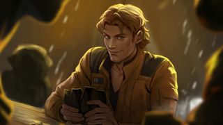 Artwork of Han Solo smirking from behind cards in Star Wars: Unlimited