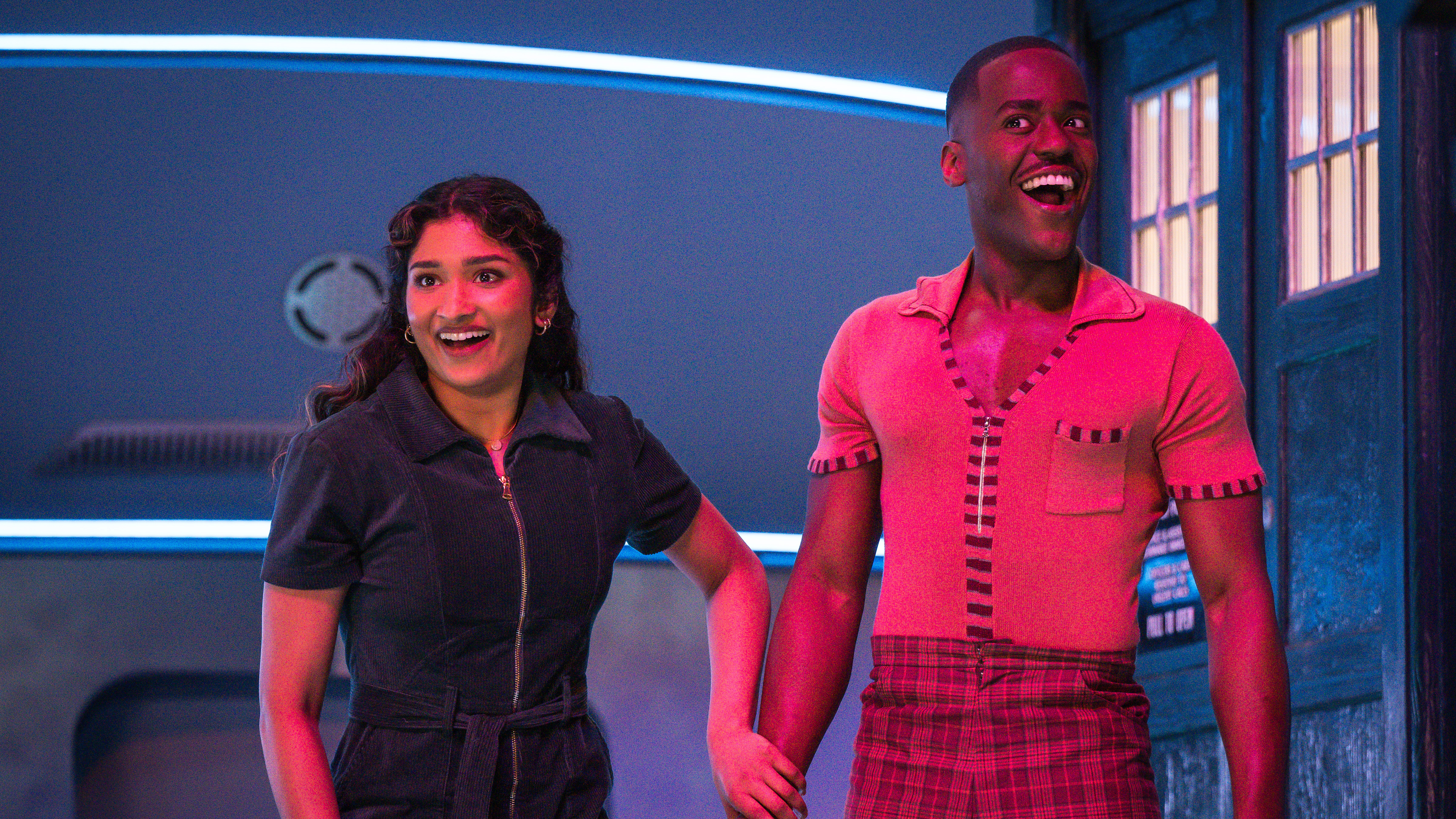Varada Sethu as Belinda and Ncuti Gatwa as the Doctor in 'The Interstellar Song Contest.'