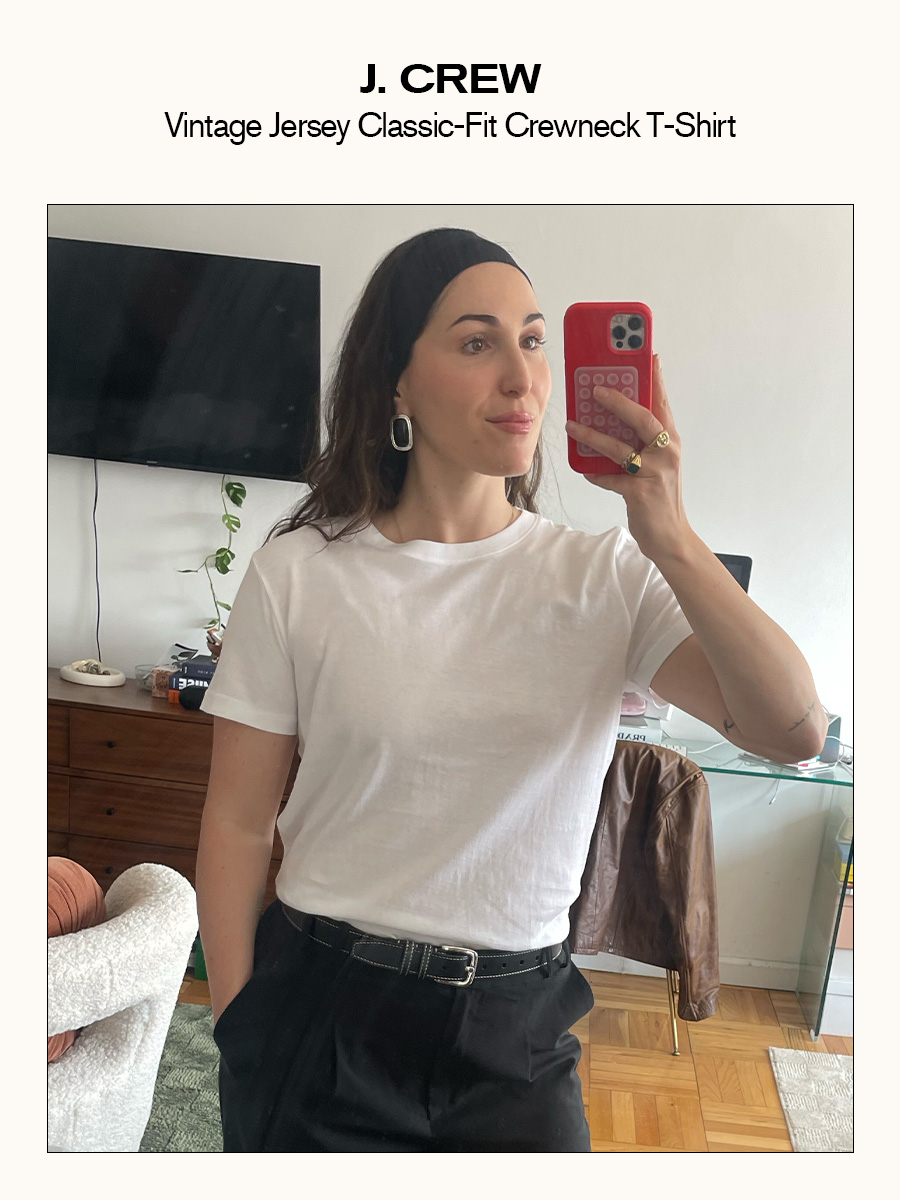 Anna LaPlaca testing and reviewing the best white T-shirts