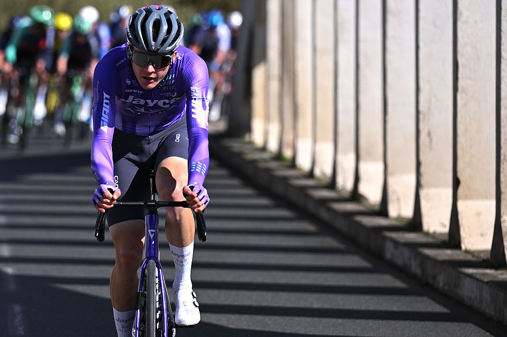 COLOMBIER-LE-VIEUX, FRANCE - MARCH 12: Robert Donaldson of Great Britain and Team Jayco AlUla attacks during the 84th Paris-Nice 2026, Stage 5 a 206.3km stage from Cormoranche-sur-Saone to Colombier-le-Vieux 422m / #UCIWT / on March 12, 2026 in Colombier-le-Vieux, France. (Photo by Szymon Gruchalski/Getty Images)