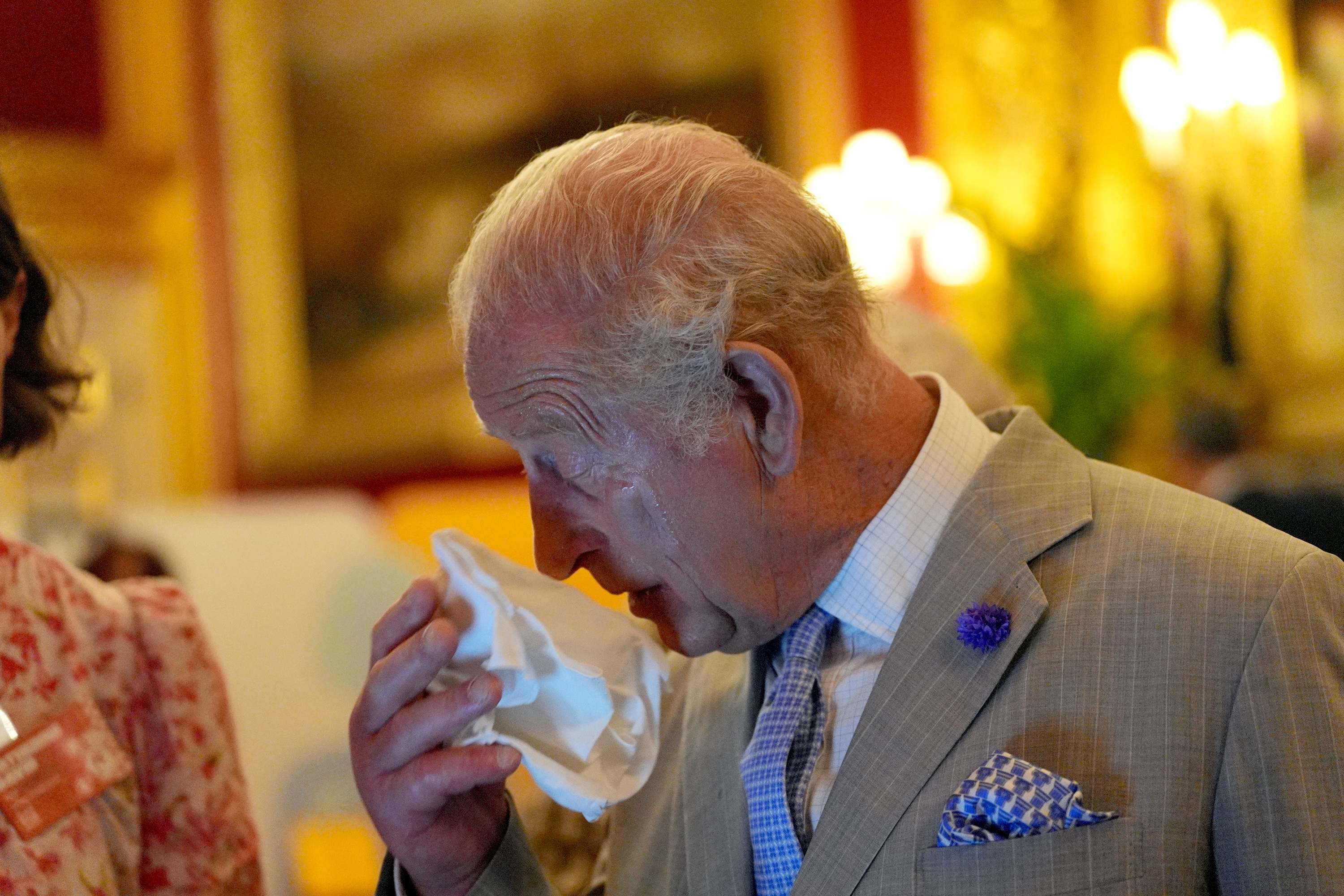 LONDON, ENGLAND - JUNE 24: King Charles III uses a handkerchief to dab his forehead whilst speaking to a guest as he attends a London Climate Week reception, hosted by the Department for Energy Security and Net Zero (DESNZ), at St James's Palace on June 24, 2026 in London, England. (Photo by Yui Mok - Pool/Getty Images)