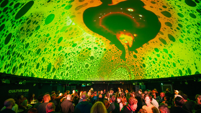 The interior of CULTVR and its Vegas Sphere-like, immersive dome. 