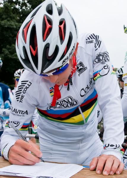 Women's World Road Champion and winner of the 2011 Liberty Classic, Giorgia Bronzini (Colavita Forno d'Asolo) signs in