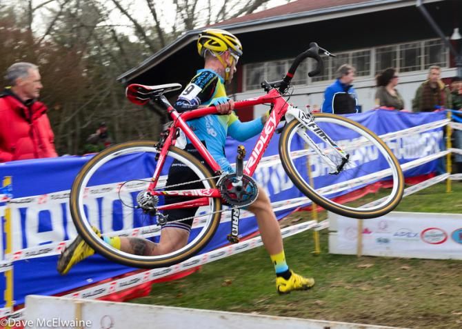 Adam Myerson (Smartstop-Mountain Khakis) chasing the leaders over the barriers