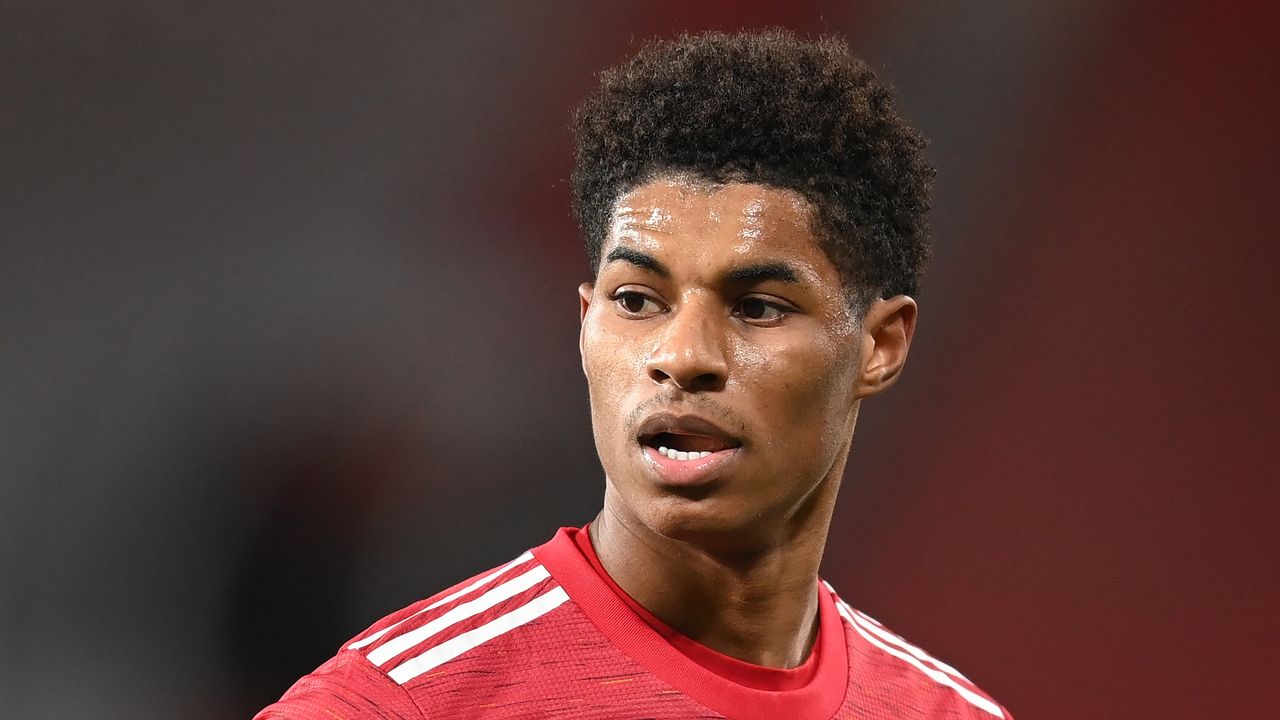 Marcus Rashford in action during a Premier League match between Manchester United and Manchester City