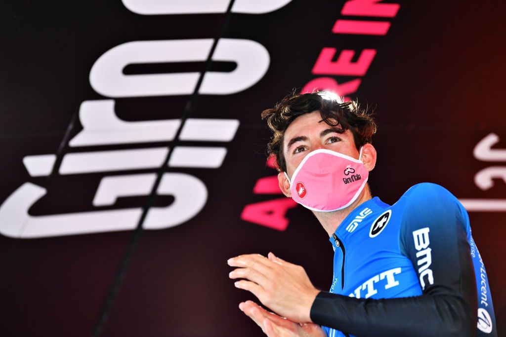 MADONNA DI CAMPIGLIO ITALY OCTOBER 21 Podium Ben Oconnor of Australia and NTT Pro Cycling Team Celebration during the 103rd Giro dItalia 2020 Stage 17 a 203km stage from Bassano del Grappa to Madonna di Campiglio 1514m girodiitalia Giro on October 21 2020 in Madonna di Campiglio Italy Photo by Stuart FranklinGetty Images