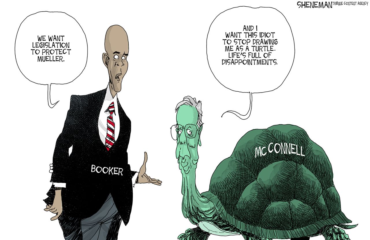 Political cartoon U.S. Mueller Congress protection FBI investigation Cory Booker Mitch McConnell turtle