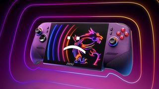 MSI Claw 8 EX AI+ handheld with purple backdrop and sad text face on screen.