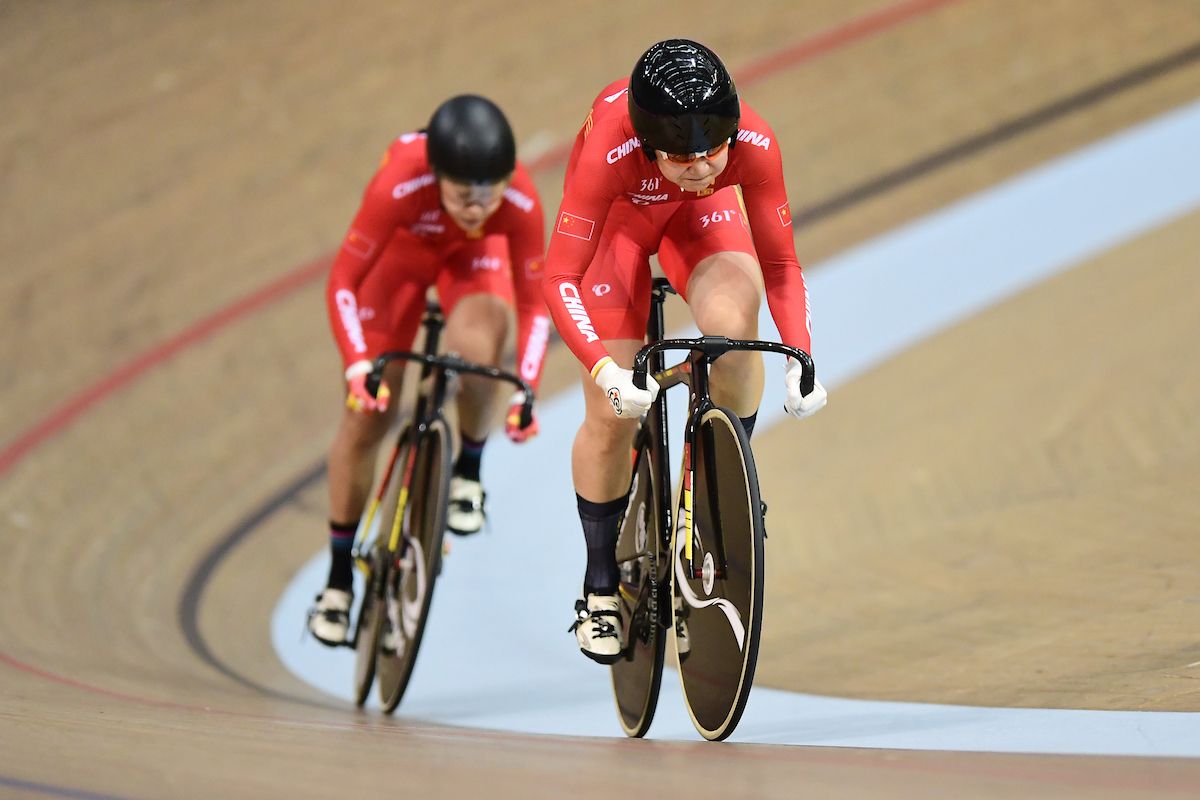 Wei Zhuang and Linyin Zhang of China ride in the Womens Team Sprint Qualifying